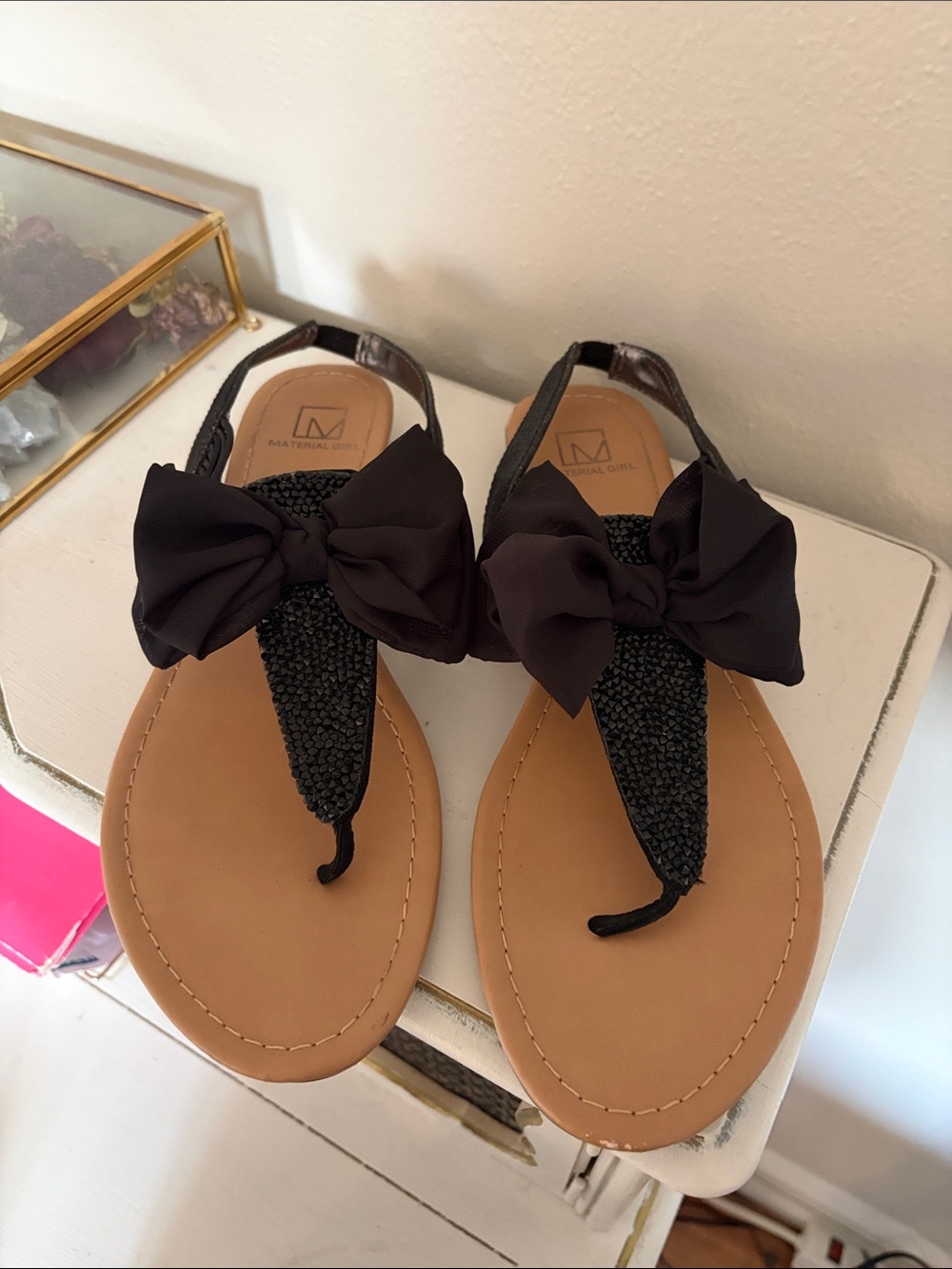 Material Girl Black Bow T-Strap Sandals with Tan Footbed